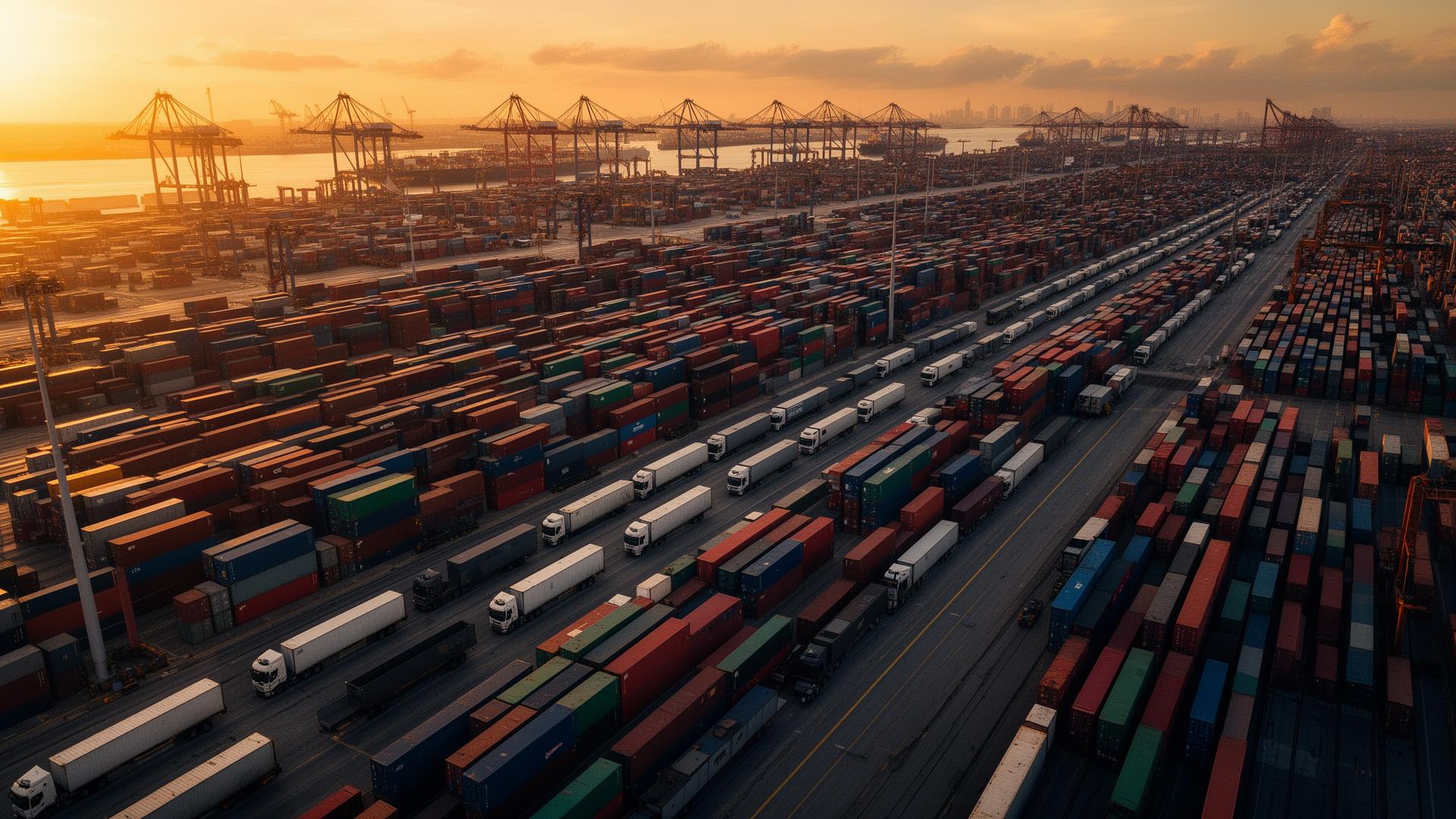 Aerial view of shipping port with cargo containers and trucks